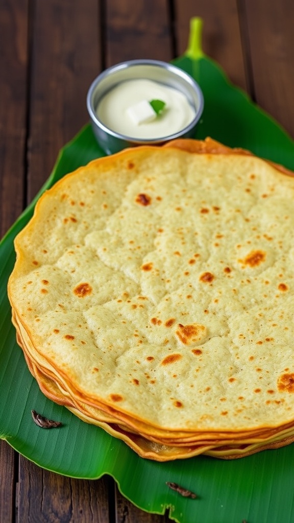 Crispy quinoa dosas on a banana leaf with coconut chutney and sambar.